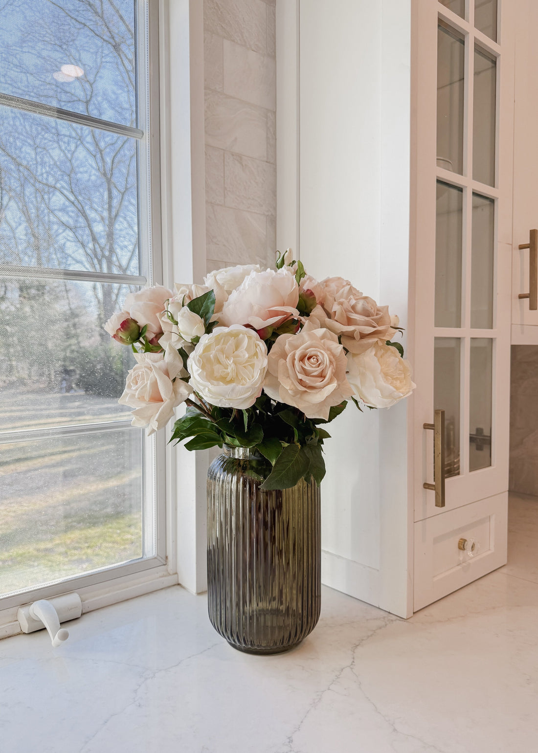 Cream White Faux Real Touch English Rose with Buds