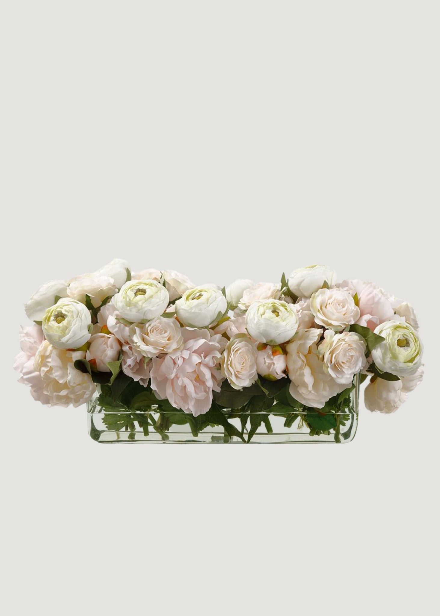 Pink Fake Peony and Rose Arrangement in Low Glass Rectangle Vase