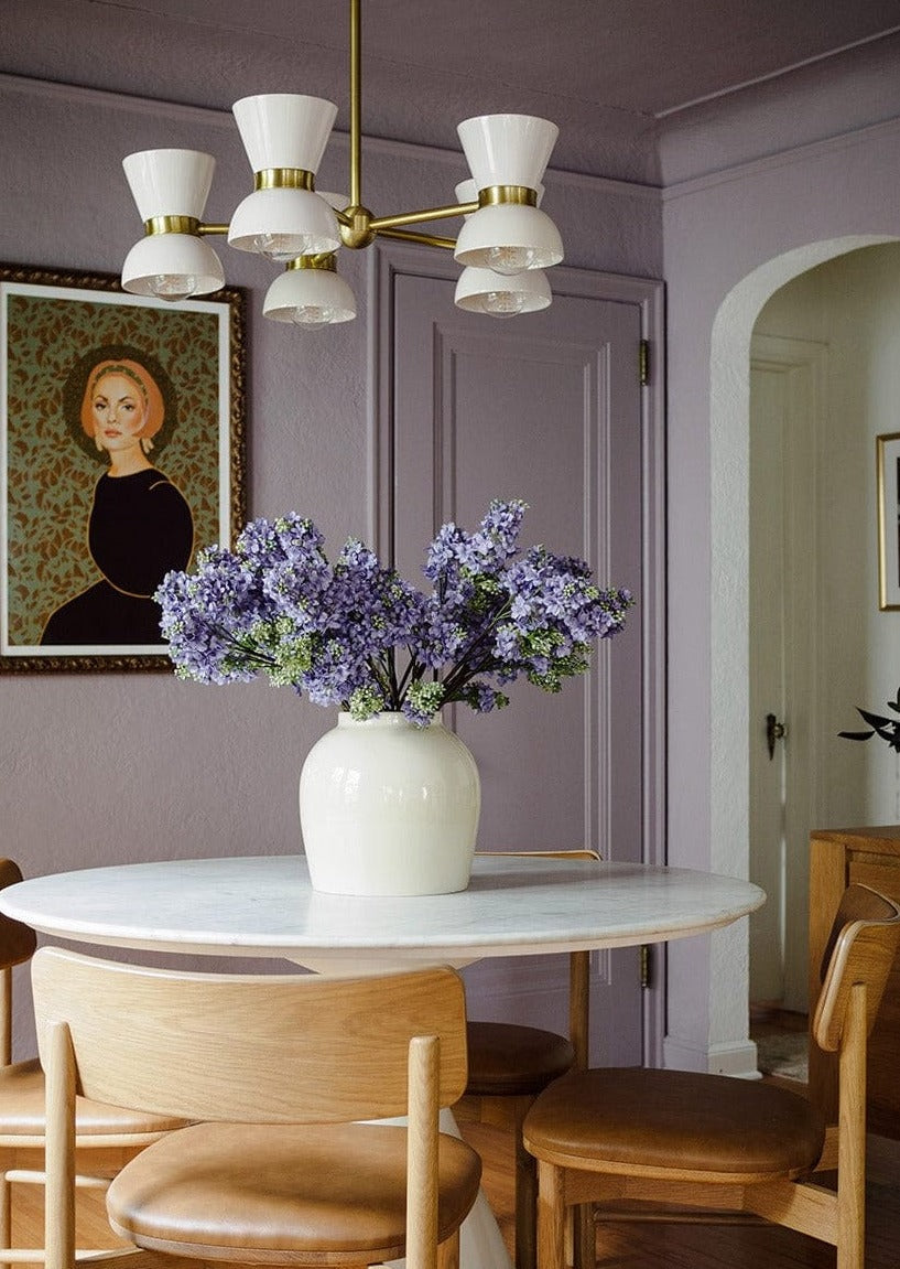 Purple Lilacs Styled in Large White Ceramic Vase Home Decor