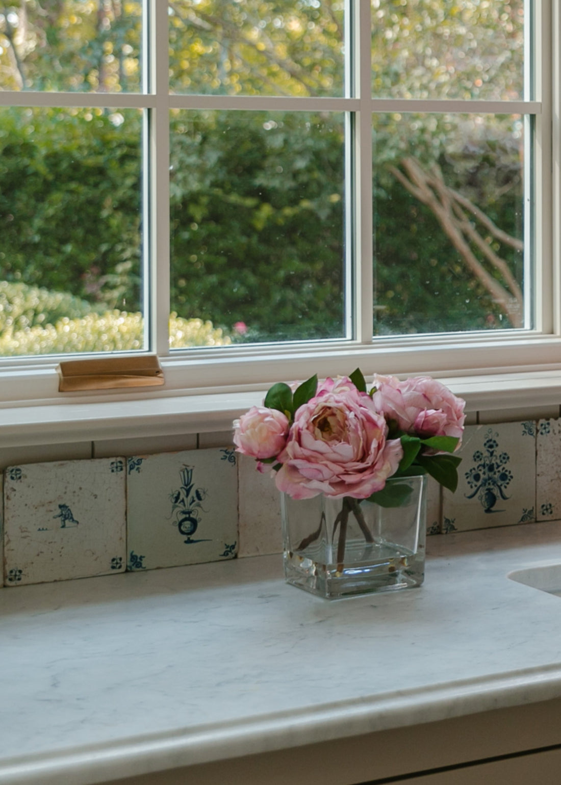 Afloral Faux Flower Arrangements Pink Peonies in Small Glass Vase