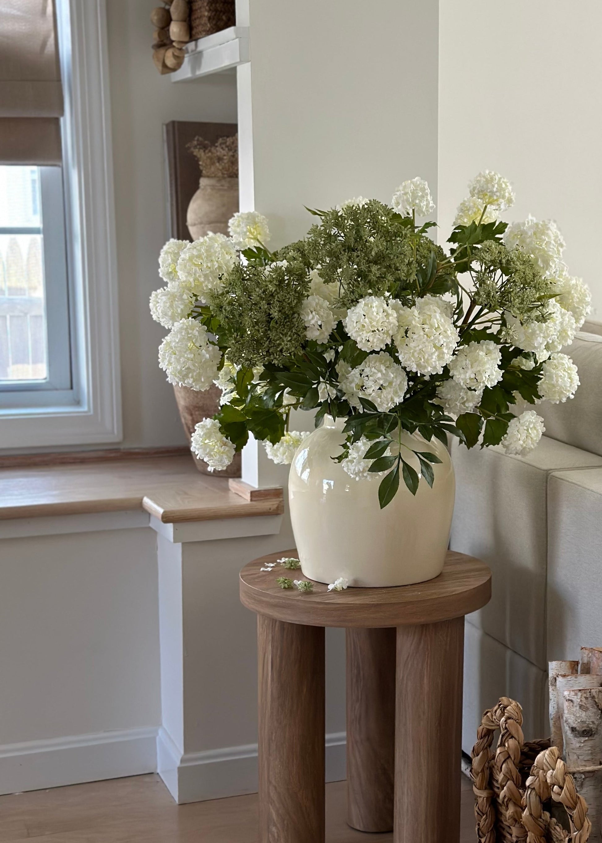 Faux Queen Anne's Lace and Snowball Hydrangeas Arranged in a Vase